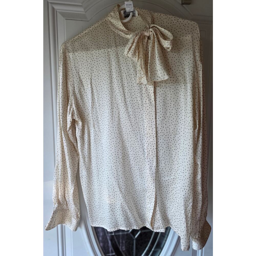 vtg. 100% Silk Christian Dior Blouse Cream Black Pattern Women Size 10
